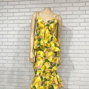 Farm Rio NWT Fresh Lemons Ruffle Midi Dress • Size S • Lemon Print Summer Dress